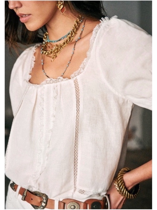 Sezane Tops - Sezane Ivory Lace-Trim Peasant Blouse